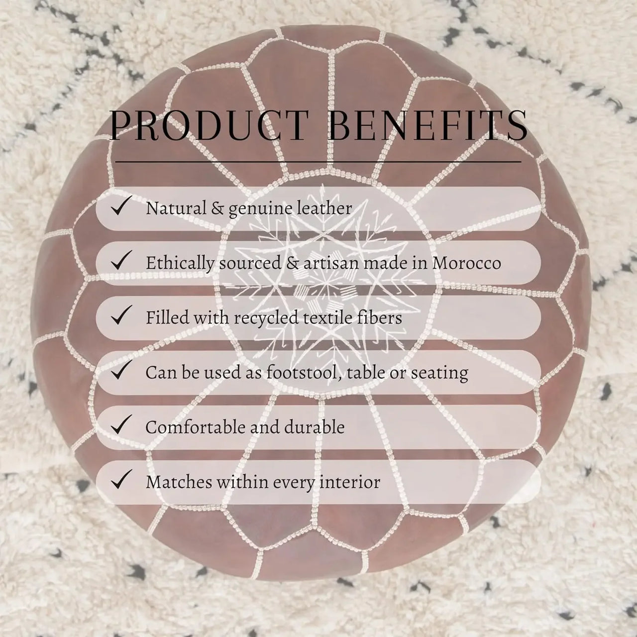 Poufs&Pillows Poef van hoogwaardig ambachtelijk leer, handgemaakt, gevoerd, voetensteun, vloerkussen (cognachoning) Ettilux Home