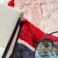 Thumbnail for Bring the beauty of the Moroccan mountains into your home with the Rosy Abstract Handwoven 100% Wool Beni Mrirt Rug, a classic Beni Ourain rug measuring 8.1 X 9.9 ft / 247 X 304 cm. Crafted using premium wool, this rug features a unique abstract design and luxurious texture.